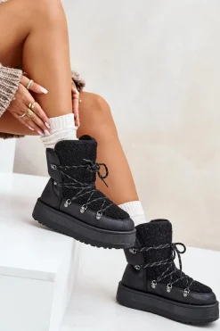 Śniegowce Damskie Na Platformie Z Wiązaniem Czarne Riaviana