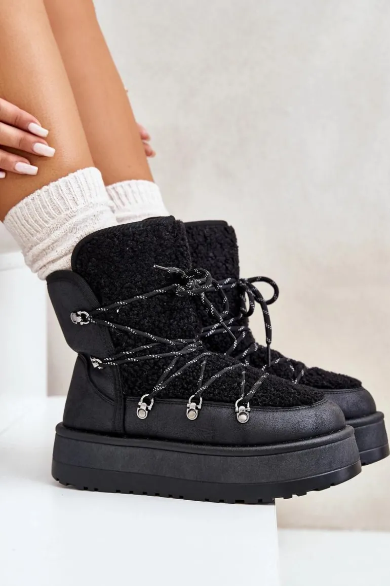 Śniegowce Damskie Na Platformie Z Wiązaniem Czarne Riaviana
