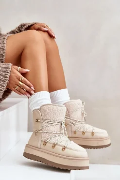 Śniegowce Damskie Na Platformie Z Wiązaniem Jasnobeżowe Riaviana