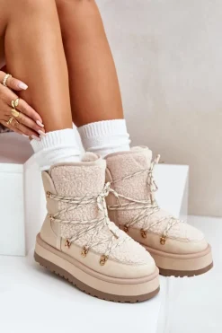 Śniegowce Damskie Na Platformie Z Wiązaniem Jasnobeżowe Riaviana