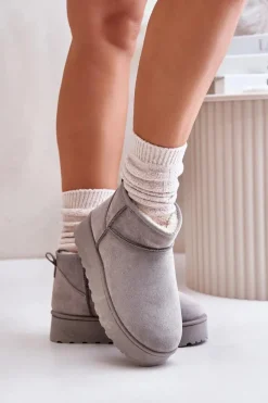 Śniegowce Damskie Na Platformie Ocieplane Futerkiem Szare Xamella