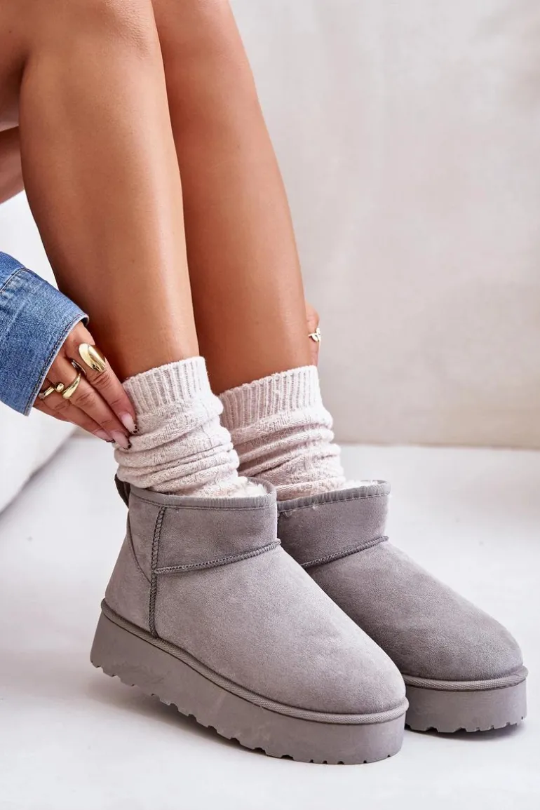 Śniegowce Damskie Na Platformie Ocieplane Futerkiem Szare Xamella