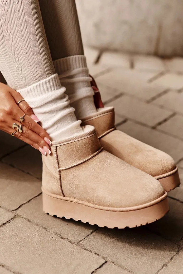 Śniegowce Damskie Na Platformie Ocieplane Futerkiem Beżowe Xamella