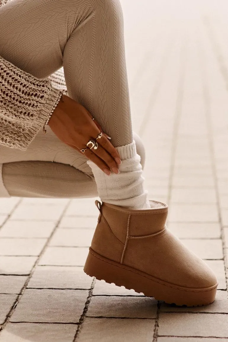 Śniegowce Damskie Na Platformie Ocieplane Futerkiem Beżowe Xamella