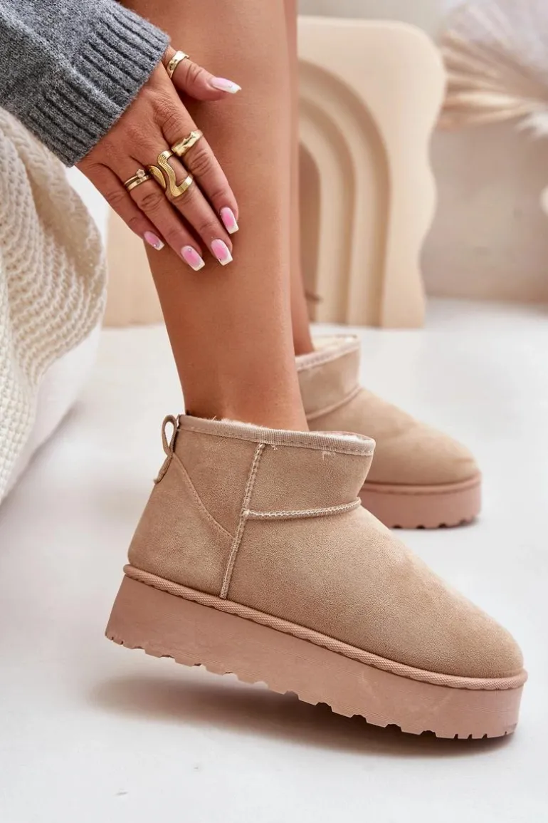Śniegowce Damskie Na Platformie Ocieplane Futerkiem Beżowe Xamella