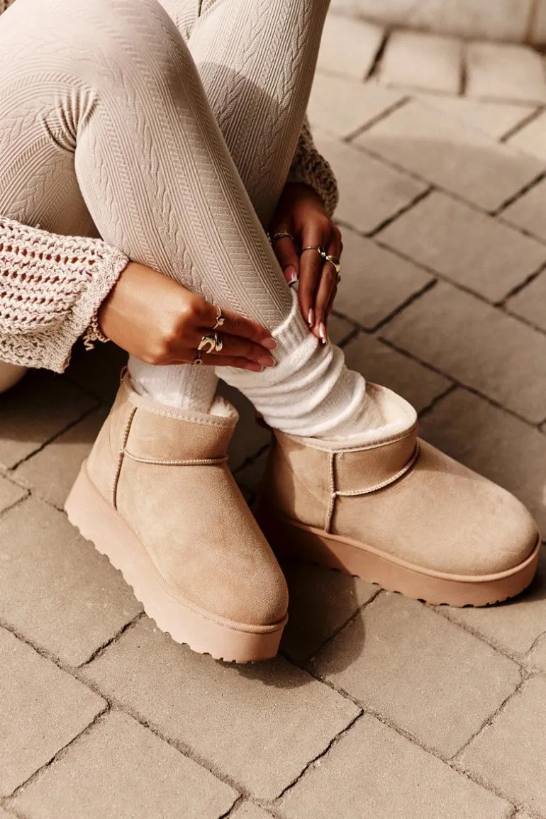 Śniegowce Damskie Na Platformie Ocieplane Futerkiem Beżowe Xamella