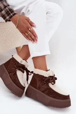 Śniegowce Damskie Na Platformie Z Futerkiem Brązowe Florivelle