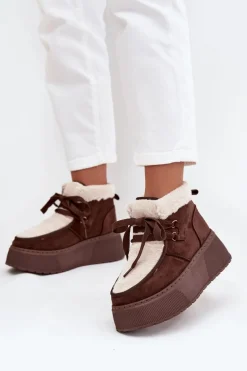 Śniegowce Damskie Na Platformie Z Futerkiem Brązowe Florivelle