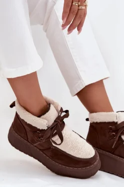 Śniegowce Damskie Na Platformie Z Futerkiem Brązowe Florivelle