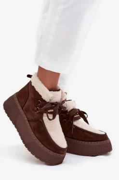Śniegowce Damskie Na Platformie Z Futerkiem Brązowe Florivelle