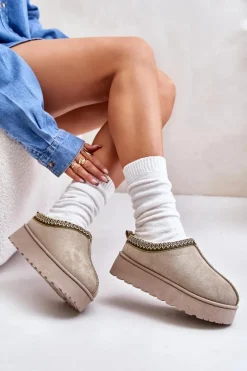 Śniegowce Damskie Na Platformie Ocieplane Futerkiem Zielone Remenia