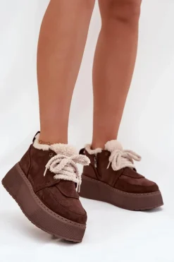 Śniegowce Damskie Na Platformie Z Futerkiem Typu Baranek Brązowe Luma