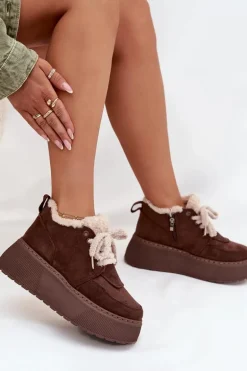 Śniegowce Damskie Na Platformie Z Futerkiem Typu Baranek Brązowe Luma