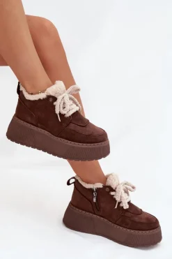 Śniegowce Damskie Na Platformie Z Futerkiem Typu Baranek Brązowe Luma