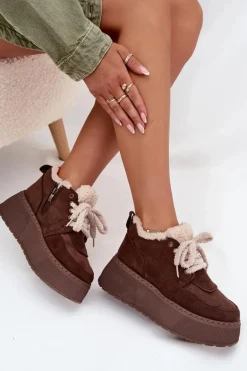 Śniegowce Damskie Na Platformie Z Futerkiem Typu Baranek Brązowe Luma