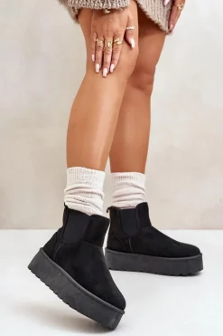 Śniegowce Damskie Na Platformie Z Elastycznymi Wstawkami Czarne Rialine