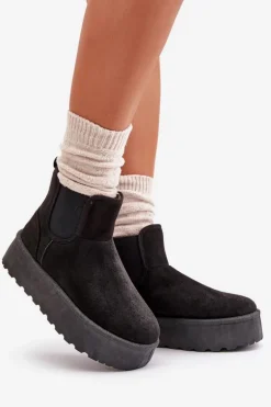 Śniegowce Damskie Na Platformie Z Elastycznymi Wstawkami Czarne Rialine