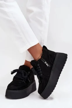 Śniegowce Damskie Na Platformie Z Futerkiem Typu Baranek Czarne Luma