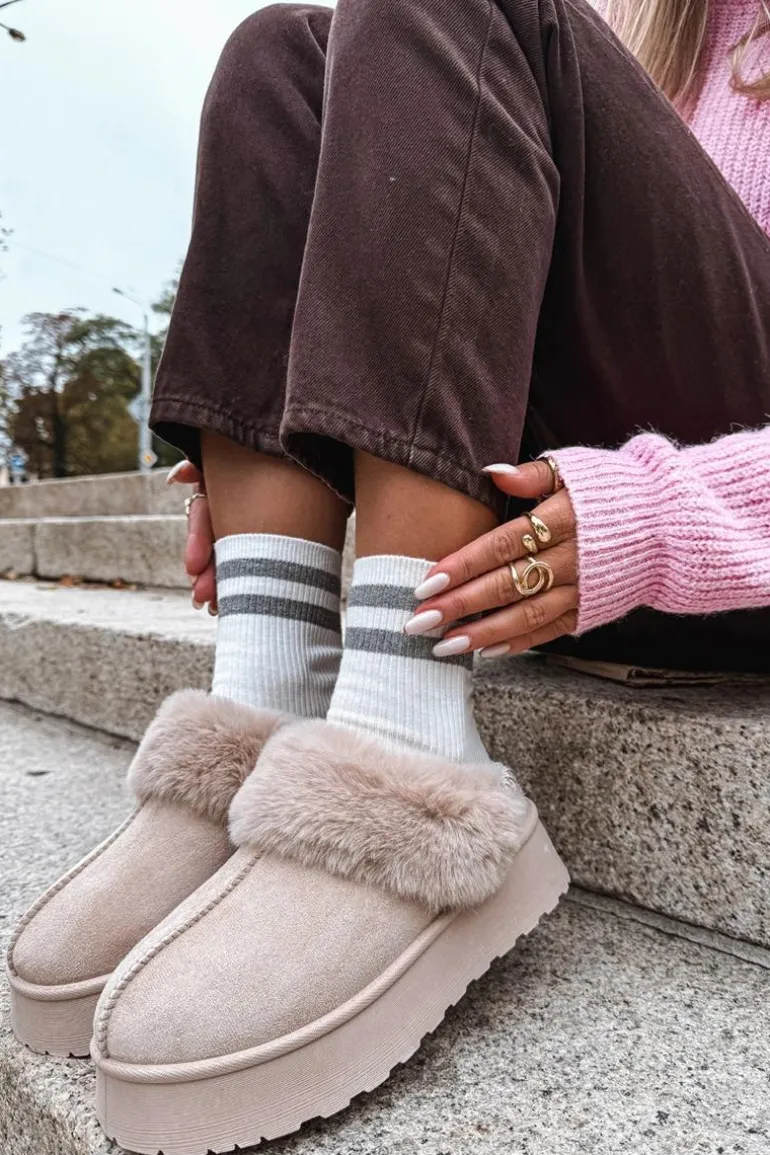 Śniegowce Damskie Na Platformie Z Futerkiem I Haftem Beżowe Querina