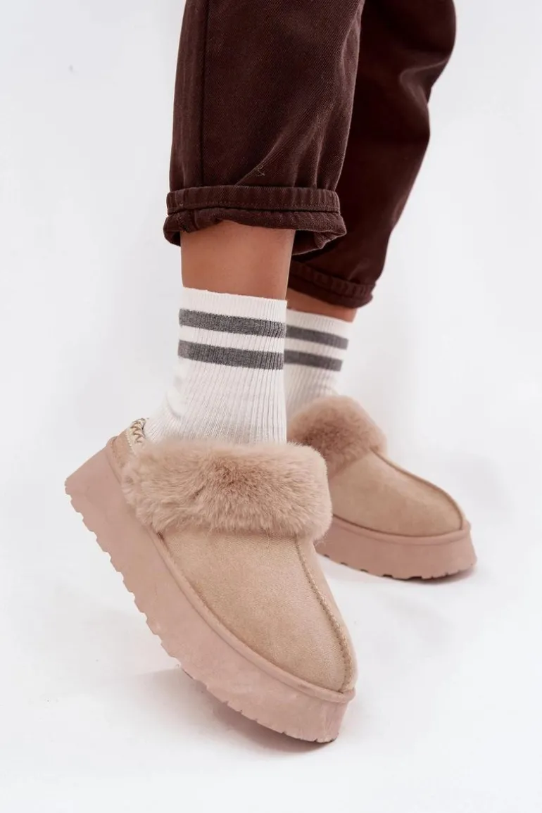 Śniegowce Damskie Na Platformie Z Futerkiem I Haftem Beżowe Querina