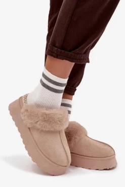 Śniegowce Damskie Na Platformie Z Futerkiem I Haftem Beżowe Querina