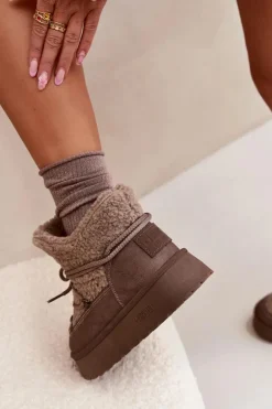 Śniegowce Damskie Na Platformie Z Futerkiem Typu Baranek Big Star SS274112 Brązowe