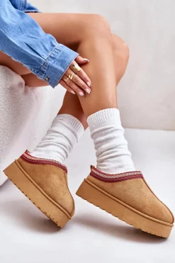 Śniegowce Damskie Na Platformie Ocieplane Futerkiem Camel Remenia