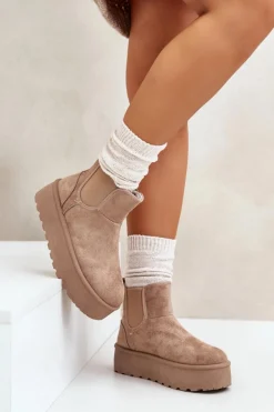 Śniegowce Damskie Na Platformie Z Elastycznymi Wstawkami Ciemnobeżowe Rialine