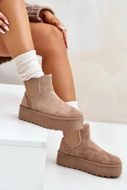 Śniegowce Damskie Na Platformie Z Elastycznymi Wstawkami Ciemnobeżowe Rialine