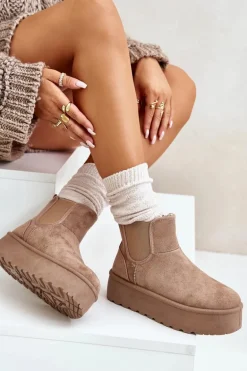 Śniegowce Damskie Na Platformie Z Elastycznymi Wstawkami Ciemnobeżowe Rialine