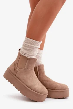 Śniegowce Damskie Na Platformie Z Elastycznymi Wstawkami Ciemnobeżowe Rialine