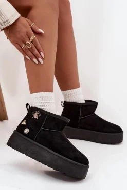 Śniegowce Damskie Na Platformie Z Przypinkami Czarne Maelle