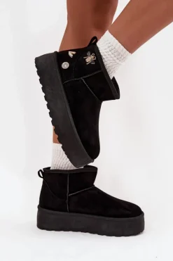 Śniegowce Damskie Na Platformie Z Przypinkami Czarne Maelle