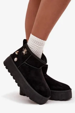 Śniegowce Damskie Na Platformie Z Przypinkami Czarne Maelle