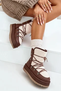 Śniegowce Damskie Na Platformie Z Wiązaniem Brązowe Riaviana