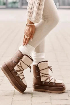 Śniegowce Damskie Na Platformie Z Wiązaniem Brązowe Riaviana