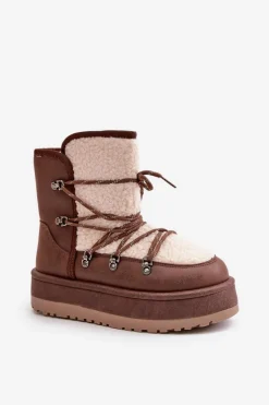 Śniegowce Damskie Na Platformie Z Wiązaniem Brązowe Riaviana