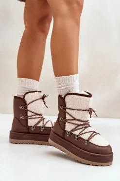 Śniegowce Damskie Na Platformie Z Wiązaniem Brązowe Riaviana