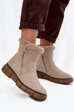 Śniegowce Damskie Na Platformie Z Futerkiem Beżowe Briselle