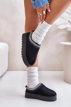 Śniegowce Damskie Na Platformie Ocieplane Futerkiem Czarne Remenia