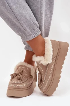 Śniegowce Damskie Na Platformie Z Futerkiem I Frędzlami Beżowe Ferayne