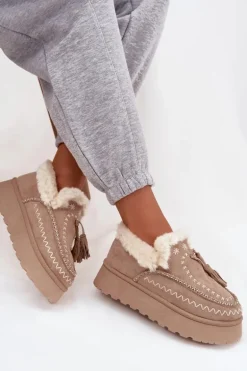 Śniegowce Damskie Na Platformie Z Futerkiem I Frędzlami Beżowe Ferayne