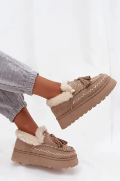 Śniegowce Damskie Na Platformie Z Futerkiem I Frędzlami Beżowe Ferayne