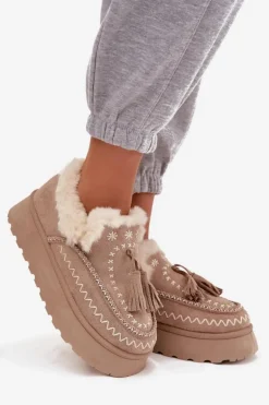 Śniegowce Damskie Na Platformie Z Futerkiem I Frędzlami Beżowe Ferayne