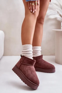 Śniegowce Damskie Na Platformie Ocieplane Futerkiem Ciemnobrązowe Xamella