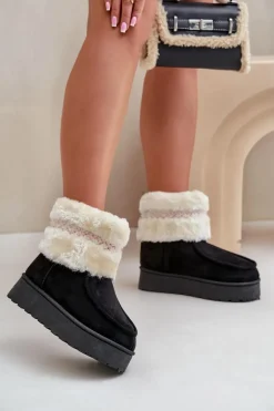 Śniegowce Damskie Na Platformie Z Futerkiem I Wzorem Czarne Deepanti