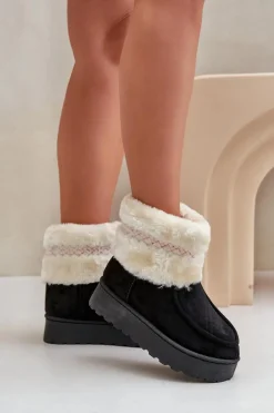 Śniegowce Damskie Na Platformie Z Futerkiem I Wzorem Czarne Deepanti