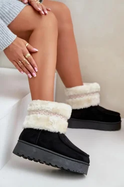 Śniegowce Damskie Na Platformie Z Futerkiem I Wzorem Czarne Deepanti