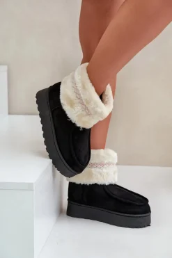 Śniegowce Damskie Na Platformie Z Futerkiem I Wzorem Czarne Deepanti