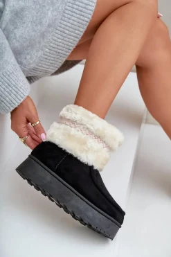 Śniegowce Damskie Na Platformie Z Futerkiem I Wzorem Czarne Deepanti